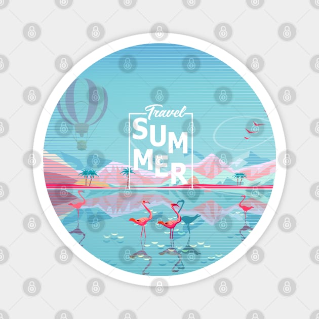 Hello Summer Flamingo Tropical Sea Beach and Rocky Mountains Magnet by sofiartmedia